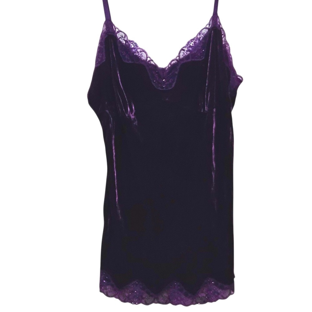 Vintage 90s Y2K Babydoll Camisole L Dark Purple Velvet Silk Lace Beaded Fairy